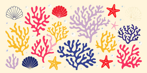 Coral reef illustration with seashells and starfish colorful vector pattern © Prince