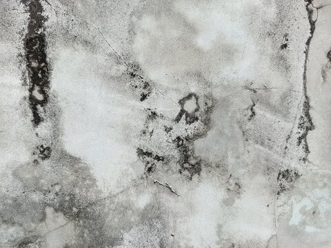 A close-up shot captures the rough, weathered texture of an old concrete wall. The surface is uneven, dark patches, mineral stains, and reflecting natural aging