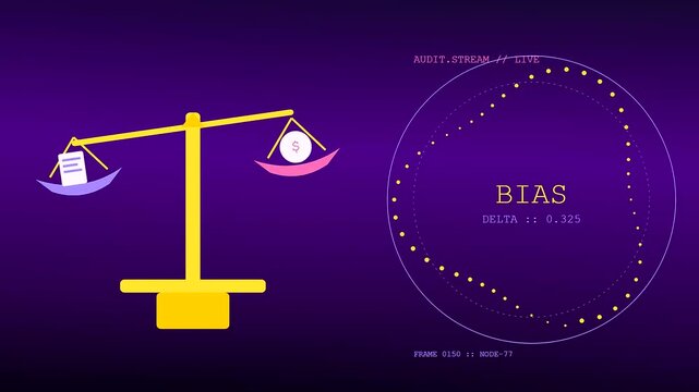 An ethics auditing process displays shifting balance scales and circular scatter plot graphs that track fluctuating data points on a dark purple digital software interface screen