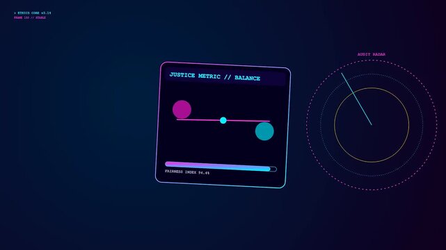 A digital ethics auditing interface shows circular radar charts and weight scales balancing pink and teal neon spheres within a dark virtual computer terminal environment