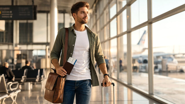 Young man with a travel bag and passport walking through an airport terminal