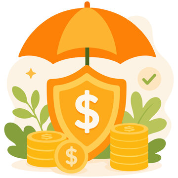 Protective umbrella over financial shield and coins representing insurance and wealth protection illustration