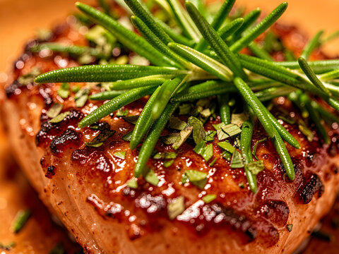 Buttery crust with herb flecks (rosemary, thyme, parsley) and cracked black pepper, tiny streaks of pan jus shining in the crevices
