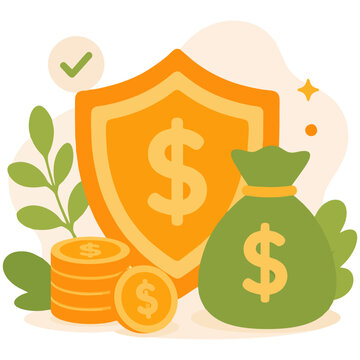 Financial security shield with money bag and coins representing asset protection illustration