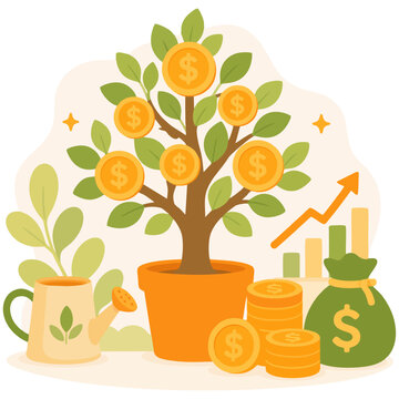 Money tree with coins symbolizing investment growth, savings and long term wealth creation illustration