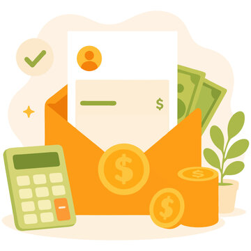 Invoice payment with envelope, calculator and cash for billing and accounting illustration