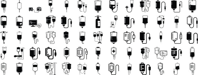 Obraz premium Collection Of Intravenous Drip Icons In Black And White Representing Medical Fluid Delivery Systems infusion bag container