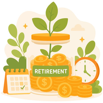 Retirement savings jar with coins, calendar and clock for long term financial planning illustration
