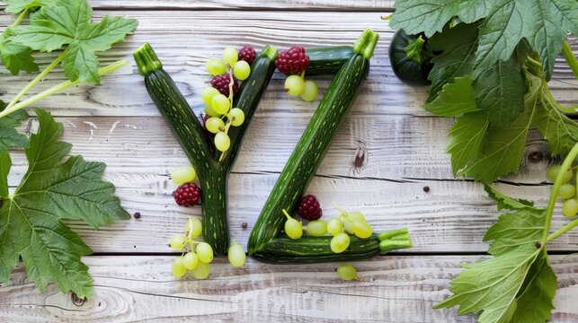 Fresh Vegetables and Fruits Forming Letter YZ on Rustic Wooden Background with Green Leaves and Berries