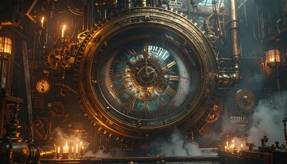 Obraz premium Surreal Clockwork Oracle Unveiling Cosmic Mysteries in a Steampunk Portal of Wonder and Abstract Curiosity with Gears and Ethereal Glow