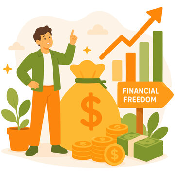 Businessman celebrating financial freedom with rising profit chart and cash growth illustration