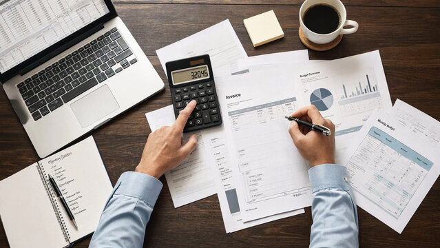 High angle view of a businessman working with financial documents at desk