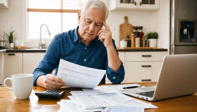 Senior man looking stressed while reviewing financial documents at home
