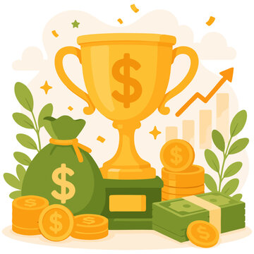 Golden trophy with cash and coins representing financial achievement, business success and wealth growth illustration