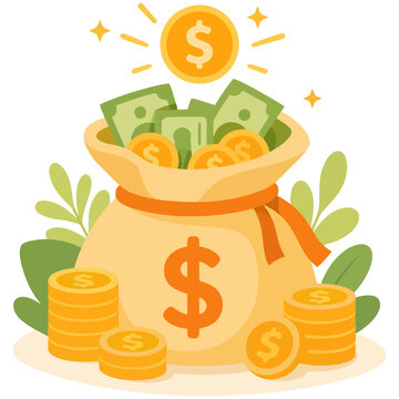 Money bag filled with cash and coins representing wealth accumulation and financial success illustration