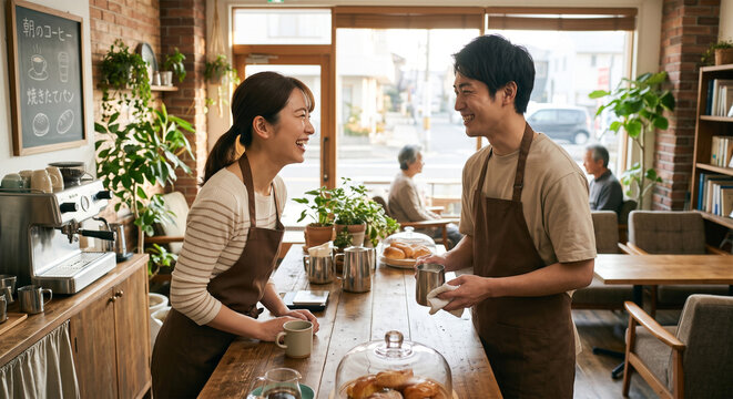 Cheerful Japanese male and female cafe staff laughing together behind the counter during a break or work shift