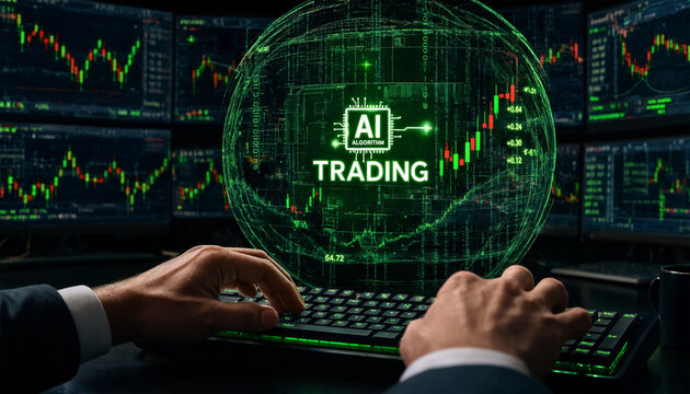 Ai trading algorithm concept with financial data charts and digital interface