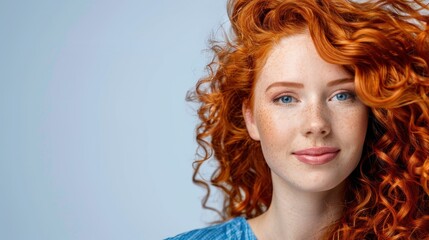 Fototapeta premium Portrait of a smiling woman with vibrant, curly red hair and clear blue eyes against a soft, neutral background