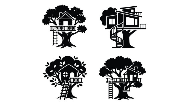 Treehouse silhouette icons set, black and white wooden tree house vector illustrations, 4 modern and rustic forest cabin designs for outdoor adventure
