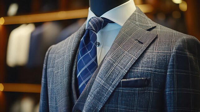 Suit plaid pattern in shades of blue and grey demonstrates sophisticated menswear design, featuring a coordinated tie and pocket square intended for professional settings and formal evening events.