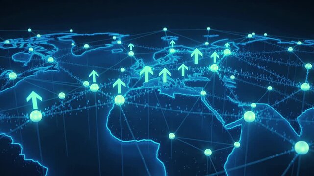 World financial network rising wide map view with glowing blue connections and upward indicators for global markets, fintech analytics, investment flows, economic reporting, trade intelligence media