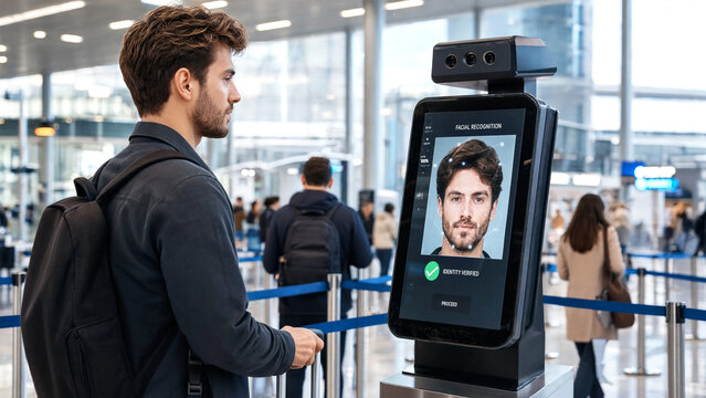 Young man using facial recognition technology at an airport terminal