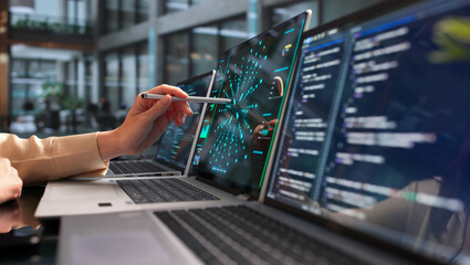 Fototapeta na wymiar Young Woman Programmer Uses Laptop To Analyze Neural Network Models