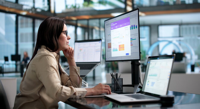 Young Woman Working On Laptop Using Real-time Software