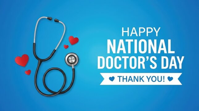 Happy national doctors day minimalist graphic layout with stethoscope outline and small red hearts on blue background