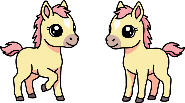 Cute cartoon ponies with pink manes and tails
