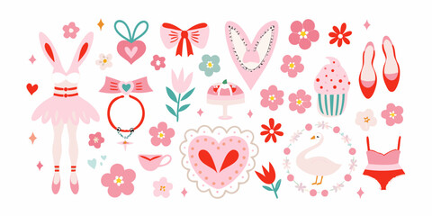 Feminine Sticker Set With Ballet Bunny Flowers And Heart Shapes © Sukla
