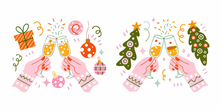 Festive vignettes with champagne glasses gifts and christmas trees vector illustration