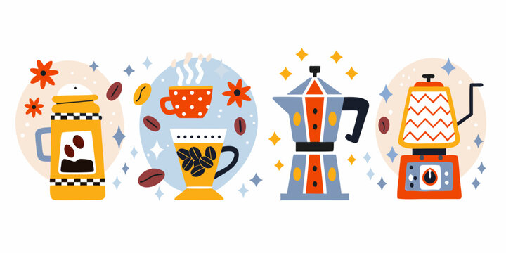 Coffee Makers And Beans Colorful Vector Illustration Set