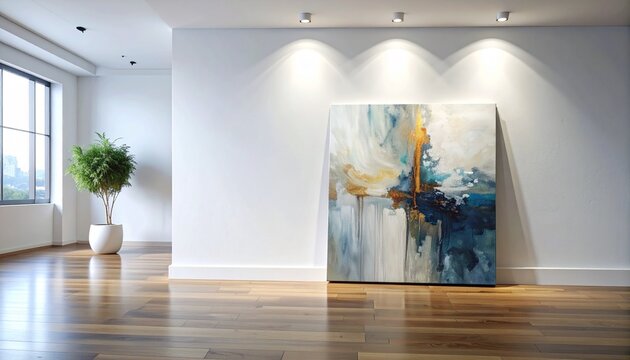 Modern minimalist interior room featuring a large abstract canvas painting on a bright white gallery wall with elegant recessed ceiling spotlights and hardwood flooring