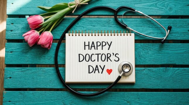 Happy doctors day background banner featuring a notepad with drawn stethoscope icon beside fresh pink tulips on wood