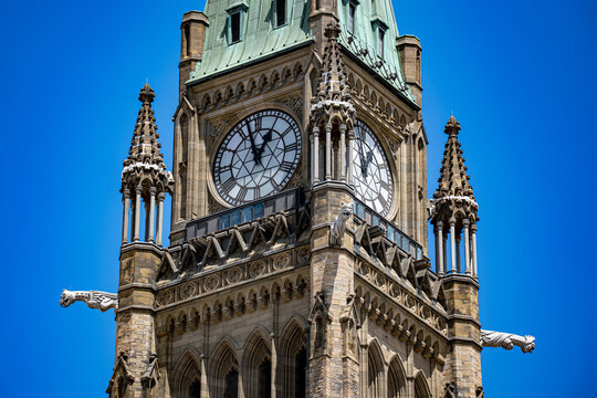 Close up of the Peace Tower on Parliament Hill in Ottawa. Ottawa, Canada - June 24, 2026.