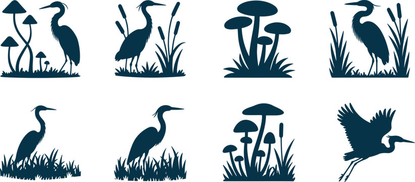 Heron silhouette vector illustration set with swamp nature elements cattail reeds mushrooms wild birds stencil bundle isolated on white background