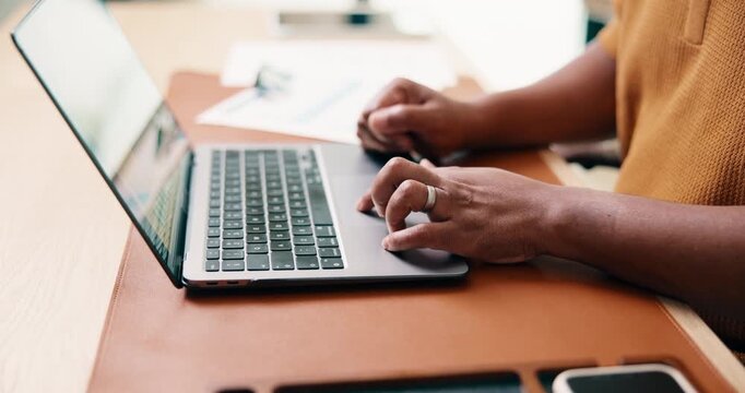 Man, laptop and hands with typing for freelance writer, editing article and creative process in home. Project draft, remote work and tech for proofreading with editor for story development or plan