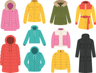 Winter jacket vector illustrations set, colorful warm coats and puffer jackets collection for fashion design © Sanjina