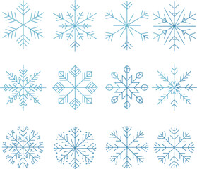 Fototapeta premium Blue snowflake vector illustrations set, geometric winter line icon collection for Christmas holiday graphic design
