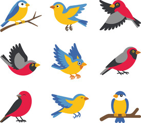 Fototapeta premium Cute cartoon bird vector illustrations set, colorful birds flying and perched on branches for design