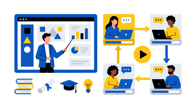 Online Course and E-Learning Workflow with Teacher Students Laptop and Video Content