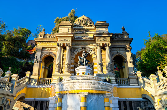 The majestic Neptune Fountain with classical architecture at Santa Lucia Hill in Santiago, Chile.