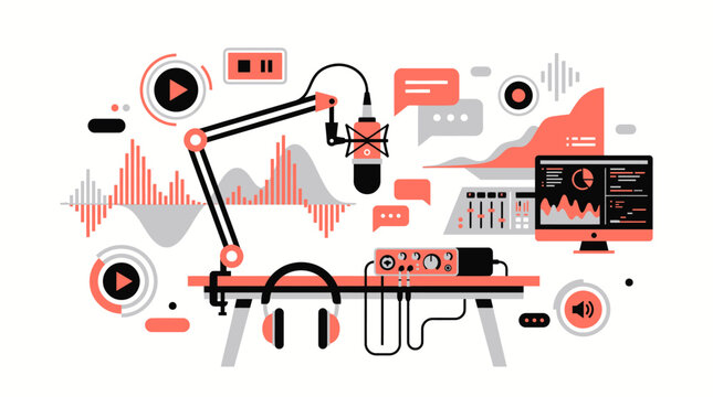  Podcast Studio Setup with Microphone Arm Headphones and Audio Waveform Flat Design