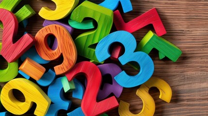 Fototapeta premium Colorful Wooden Numbers Displayed on a Wooden Surface for Educational or Creative Purposes
