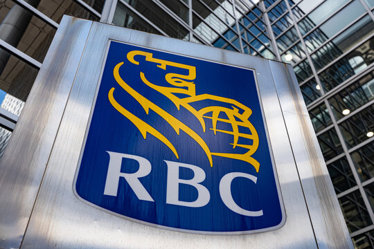 Close up of the RBC corporate logo on an office building. Ottawa, Canada - June 24, 2026.