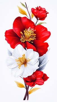 Vibrant 3D Flower Icon with Red and White Petals on White Background