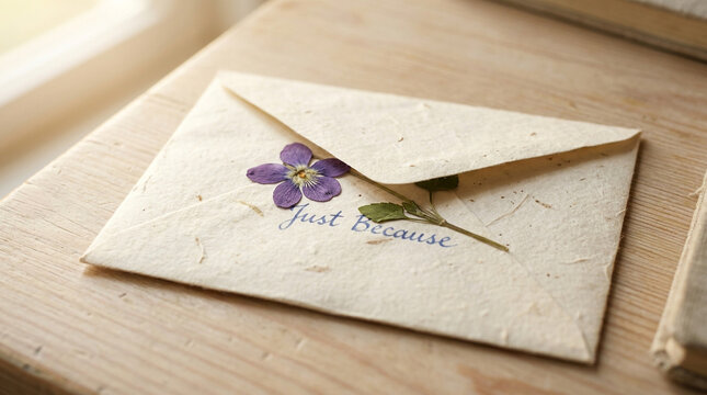 Vintage handmade paper envelope with pressed purple flower, rustic stationary with Just Because text, elegant romantic greeting card on wooden table