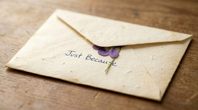Vintage handmade paper envelope with Just Because text, rustic stationary with purple flower petal, elegant letter on wooden background