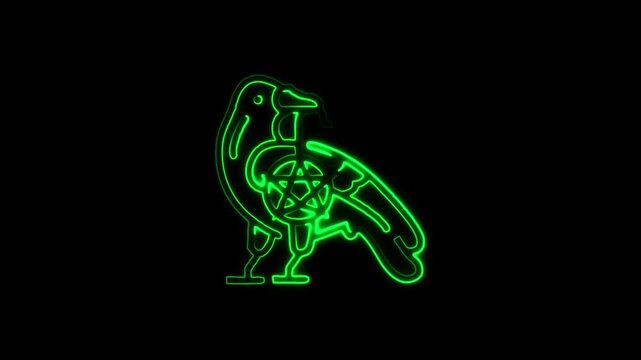 Mystical Green Neon Crow with Witchcraft Pentagram Emblem, Glowing Gothic Raven Animation Concept Isolated on Dark Background